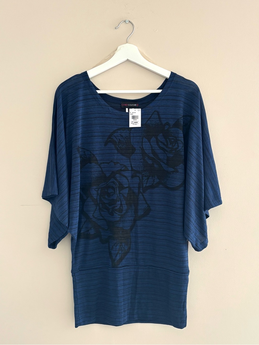 NWT Candy Couture Blue/Black Boho Striped Tunic Top Medium Soft Lightweight
